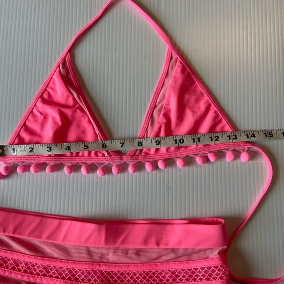 Revolve Tularosa Women's Hot Pink High Waist Pom Pom Mesh Nina Bikini Size L - Picture 4 of 11
